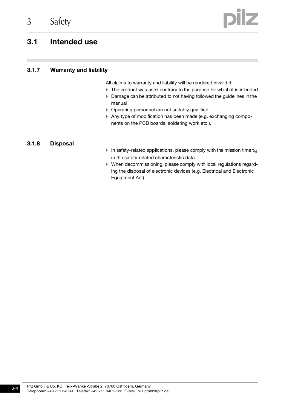 7 warranty and liability, 8 disposal, 3safety | 1 intended use | Pilz PMCtendo DD5.03/000/0/0/0/110-230VAC User Manual | Page 22 / 209