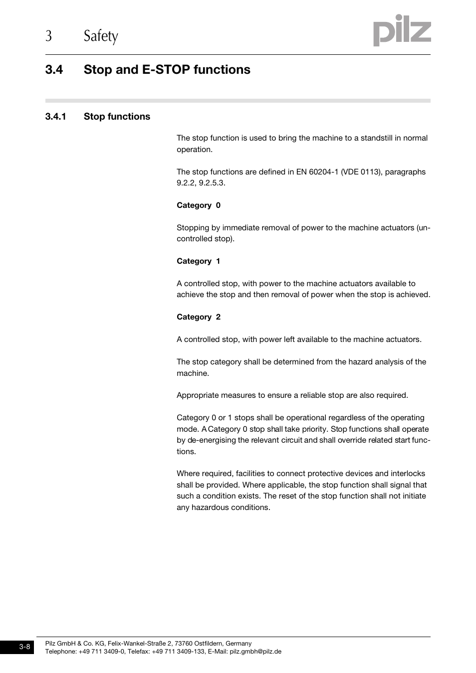 Stop and e-stop functions, 1 stop functions, 3safety | 4 stop and e-stop functions | Pilz PMCtendo DD5.03/000/0/0/0/110-230VAC User Manual | Page 26 / 209