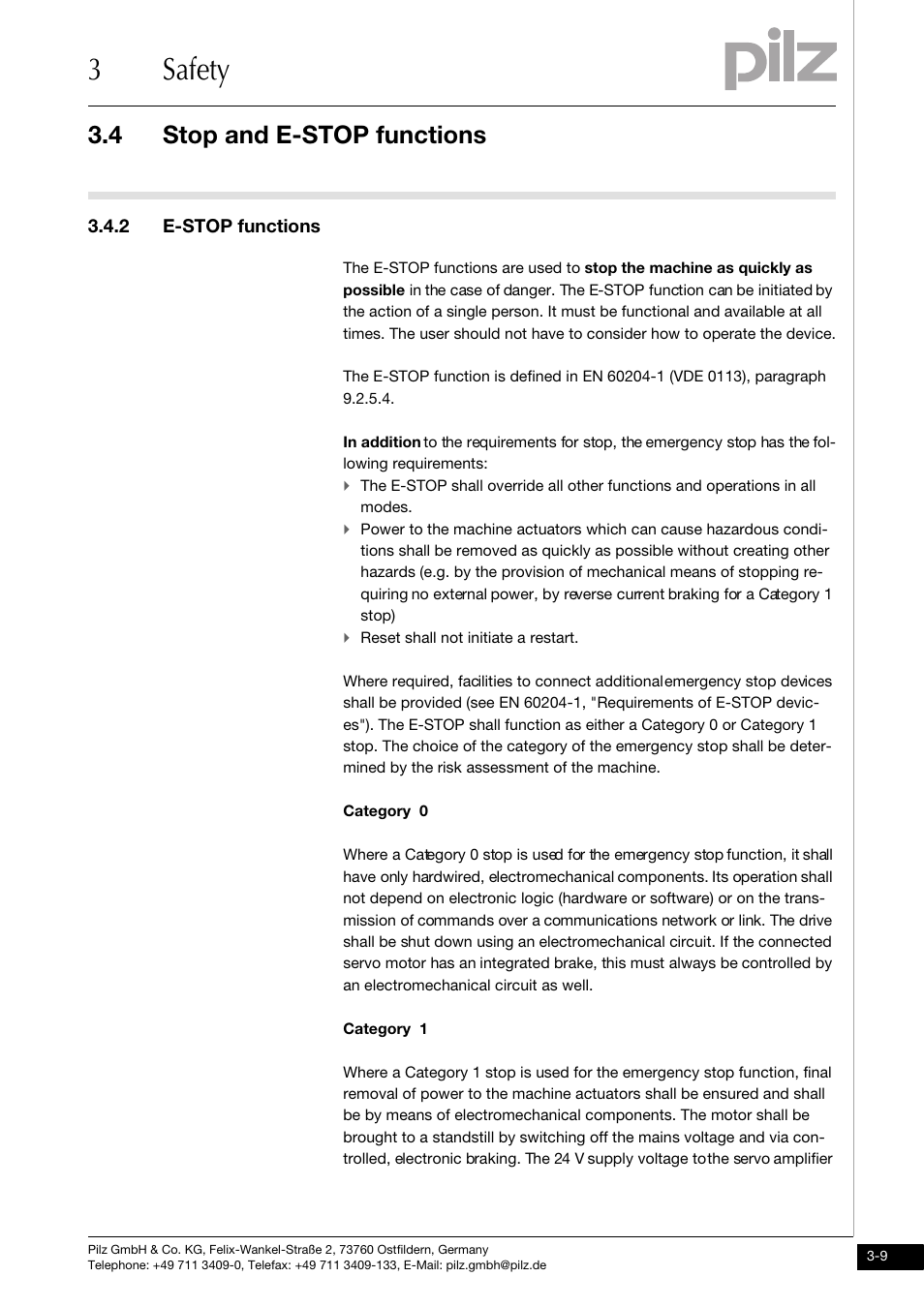 2 e-stop functions, 3safety, 4 stop and e-stop functions | Pilz PMCtendo DD5.03/000/0/0/0/110-230VAC User Manual | Page 27 / 209