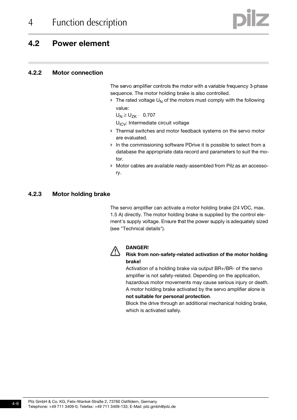 2 motor connection, 3 motor holding brake, 4function description | 2 power element | Pilz PMCtendo DD5.03/000/0/0/0/110-230VAC User Manual | Page 34 / 209