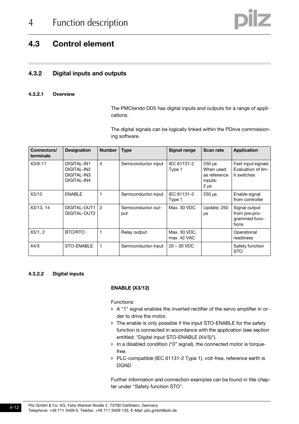 2 digital inputs and outputs, 1 overview, 2 digital inputs | 4function description, 3 control element | Pilz PMCtendo DD5.03/000/0/0/0/110-230VAC User Manual | Page 40 / 209