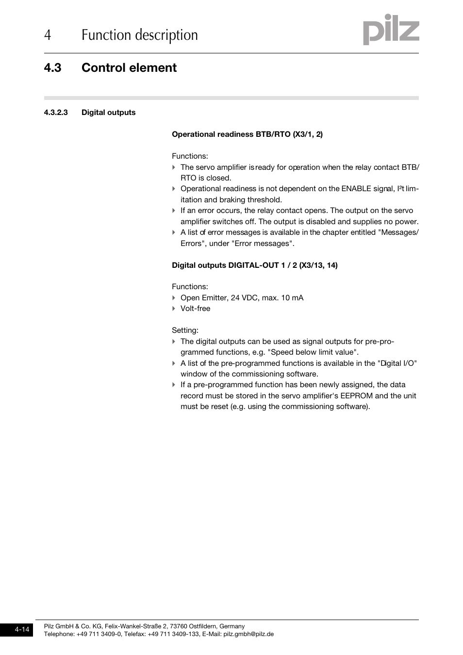 3 digital outputs, 4function description, 3 control element | Pilz PMCtendo DD5.03/000/0/0/0/110-230VAC User Manual | Page 42 / 209