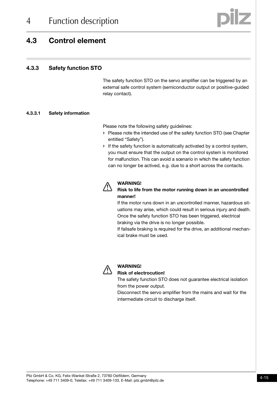 3 safety function sto, 1 safety information, 4function description | 3 control element | Pilz PMCtendo DD5.03/000/0/0/0/110-230VAC User Manual | Page 43 / 209