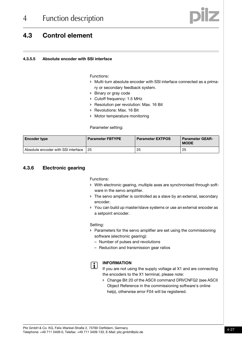 5 absolute encoder with ssi interface, 6 electronic gearing, 4function description | 3 control element | Pilz PMCtendo DD5.03/000/0/0/0/110-230VAC User Manual | Page 55 / 209