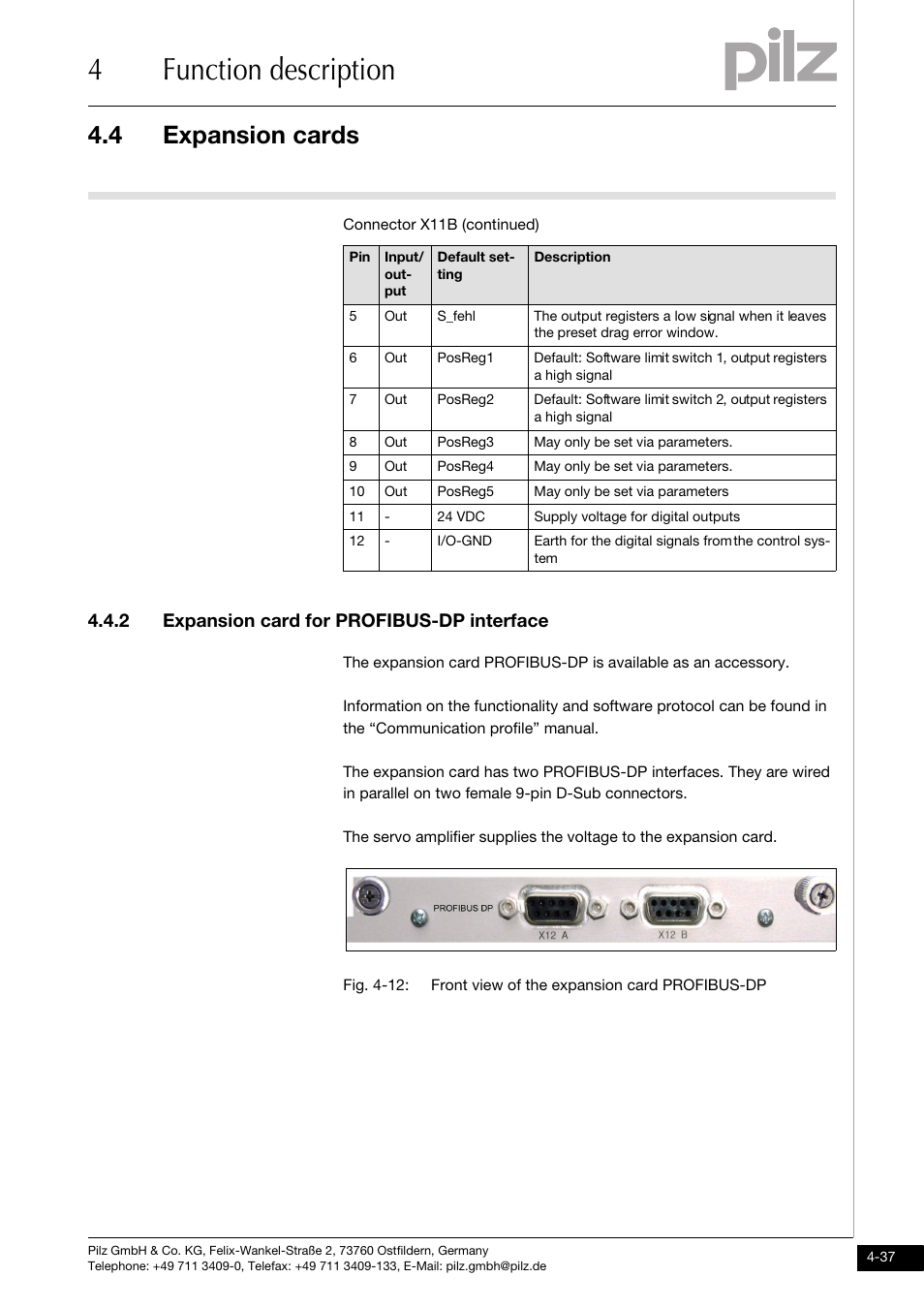 2 expansion card for profibus-dp interface, 4function description, 4 expansion cards | Pilz PMCtendo DD5.03/000/0/0/0/110-230VAC User Manual | Page 65 / 209