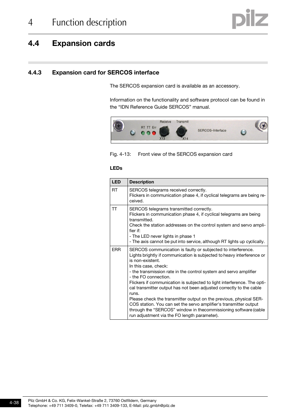 3 expansion card for sercos interface, 4function description, 4 expansion cards | Pilz PMCtendo DD5.03/000/0/0/0/110-230VAC User Manual | Page 66 / 209