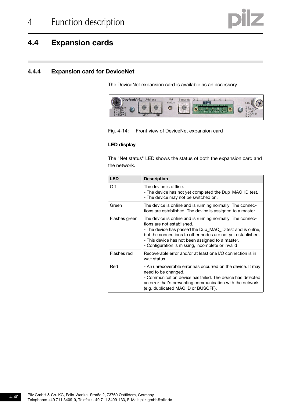 4 expansion card for devicenet, 4function description, 4 expansion cards | Pilz PMCtendo DD5.03/000/0/0/0/110-230VAC User Manual | Page 68 / 209