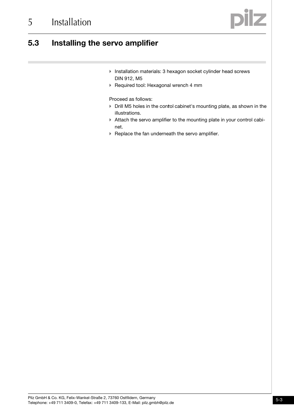 Installing the servo amplifier, 5installation, 3 installing the servo amplifier | Pilz PMCtendo DD5.03/000/0/0/0/110-230VAC User Manual | Page 87 / 209