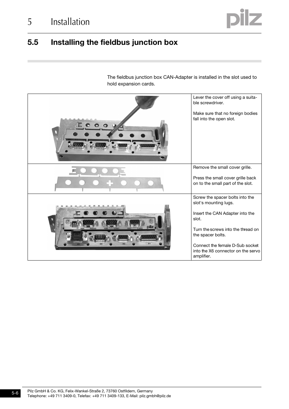 Installing the fieldbus junction box, 5installation, 5 installing the fieldbus junction box | Pilz PMCtendo DD5.03/000/0/0/0/110-230VAC User Manual | Page 90 / 209