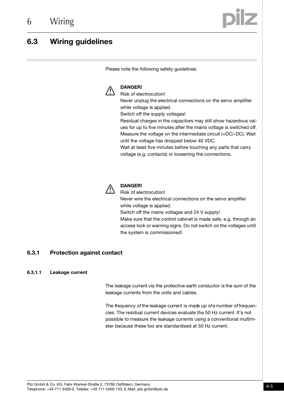 1 protection against contact, 1 leakage current, 6wiring | 3 wiring guidelines | Pilz PMCtendo DD5.03/000/0/0/0/110-230VAC User Manual | Page 95 / 209