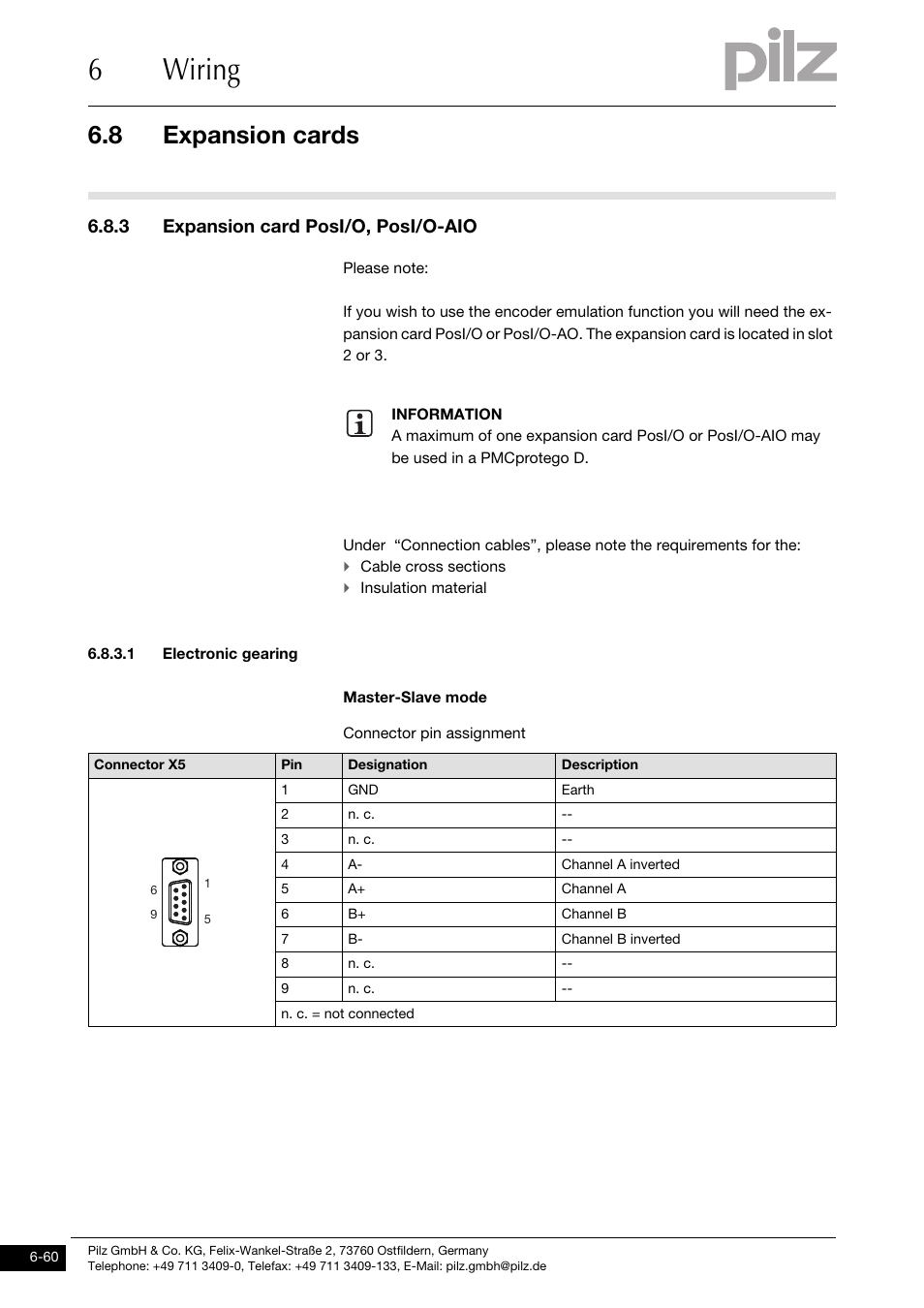 3 expansion card posi/o, posi/o-aio, 1 electronic gearing, 6wiring | 8 expansion cards | Pilz PMCprotego D.72/000/0/0/2/208-480VAC User Manual | Page 168 / 209