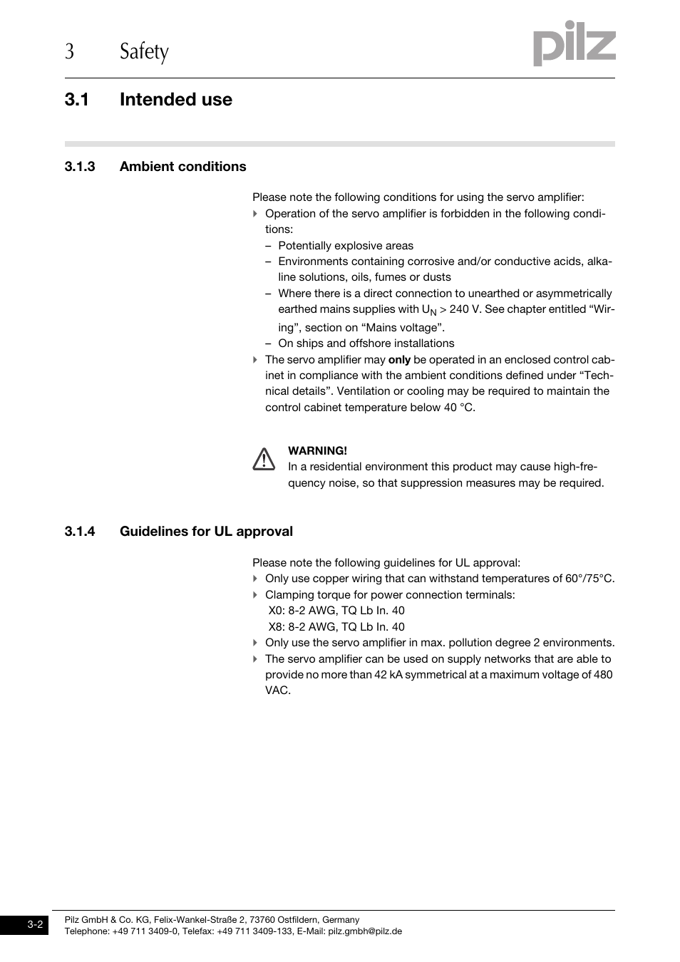 3 ambient conditions, 4 guidelines for ul approval, 3safety | 1 intended use | Pilz PMCprotego D.72/000/0/0/2/208-480VAC User Manual | Page 24 / 209