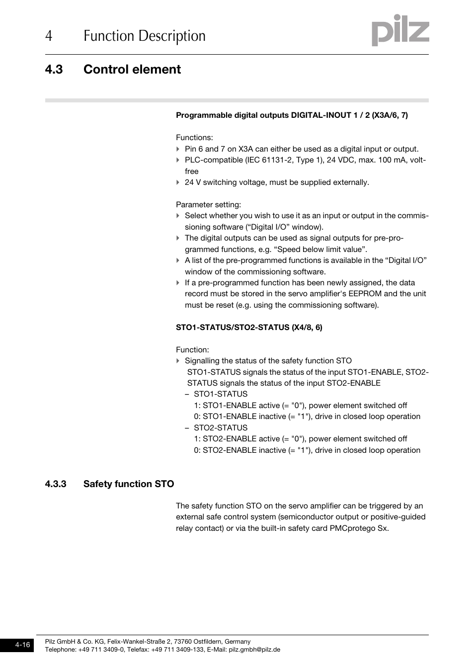 3 safety function sto, 4function description, 3 control element | Pilz PMCprotego D.72/000/0/0/2/208-480VAC User Manual | Page 50 / 209
