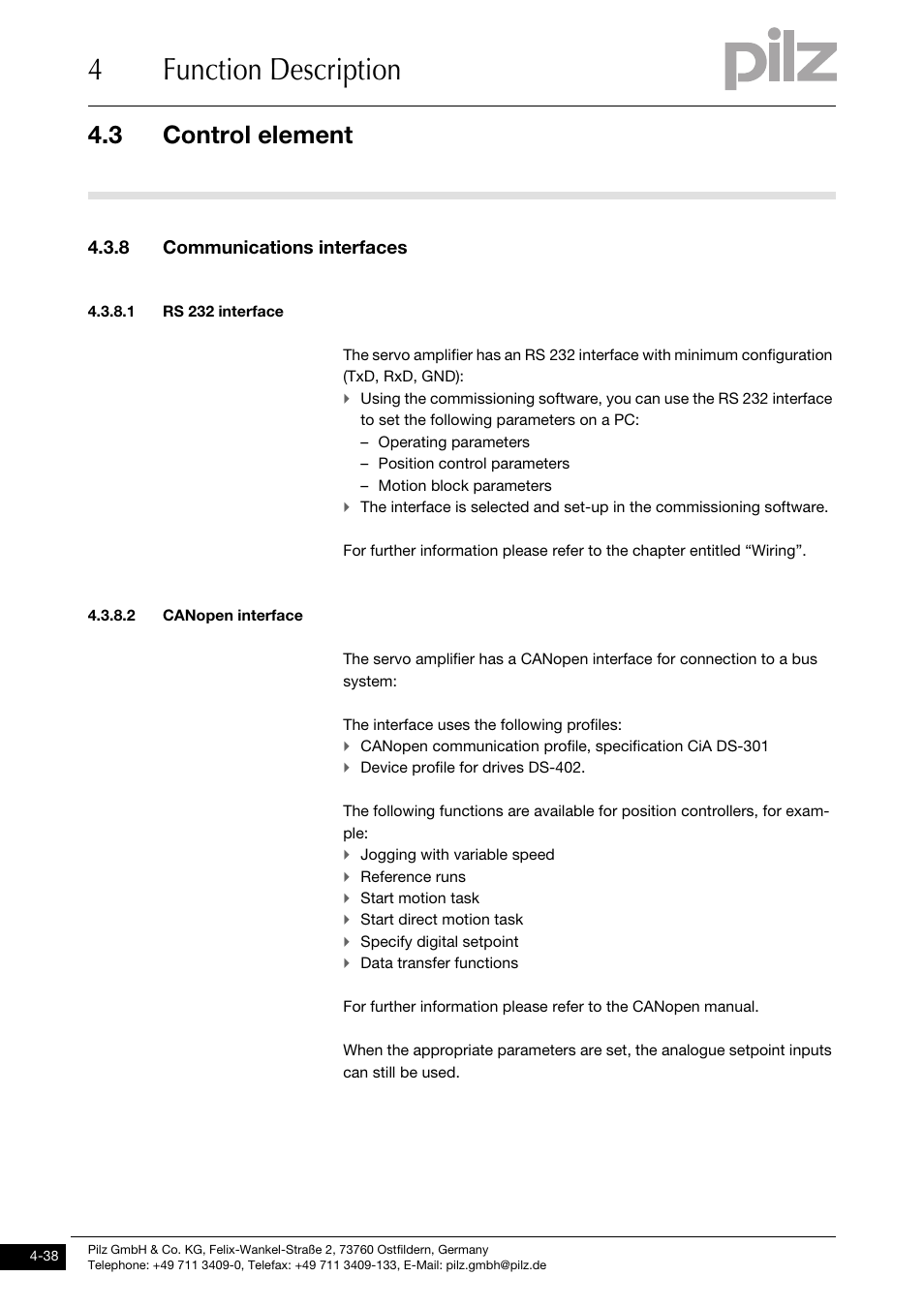 8 communications interfaces, 1 rs 232 interface, 2 canopen interface | 4function description, 3 control element | Pilz PMCprotego D.72/000/0/0/2/208-480VAC User Manual | Page 72 / 209