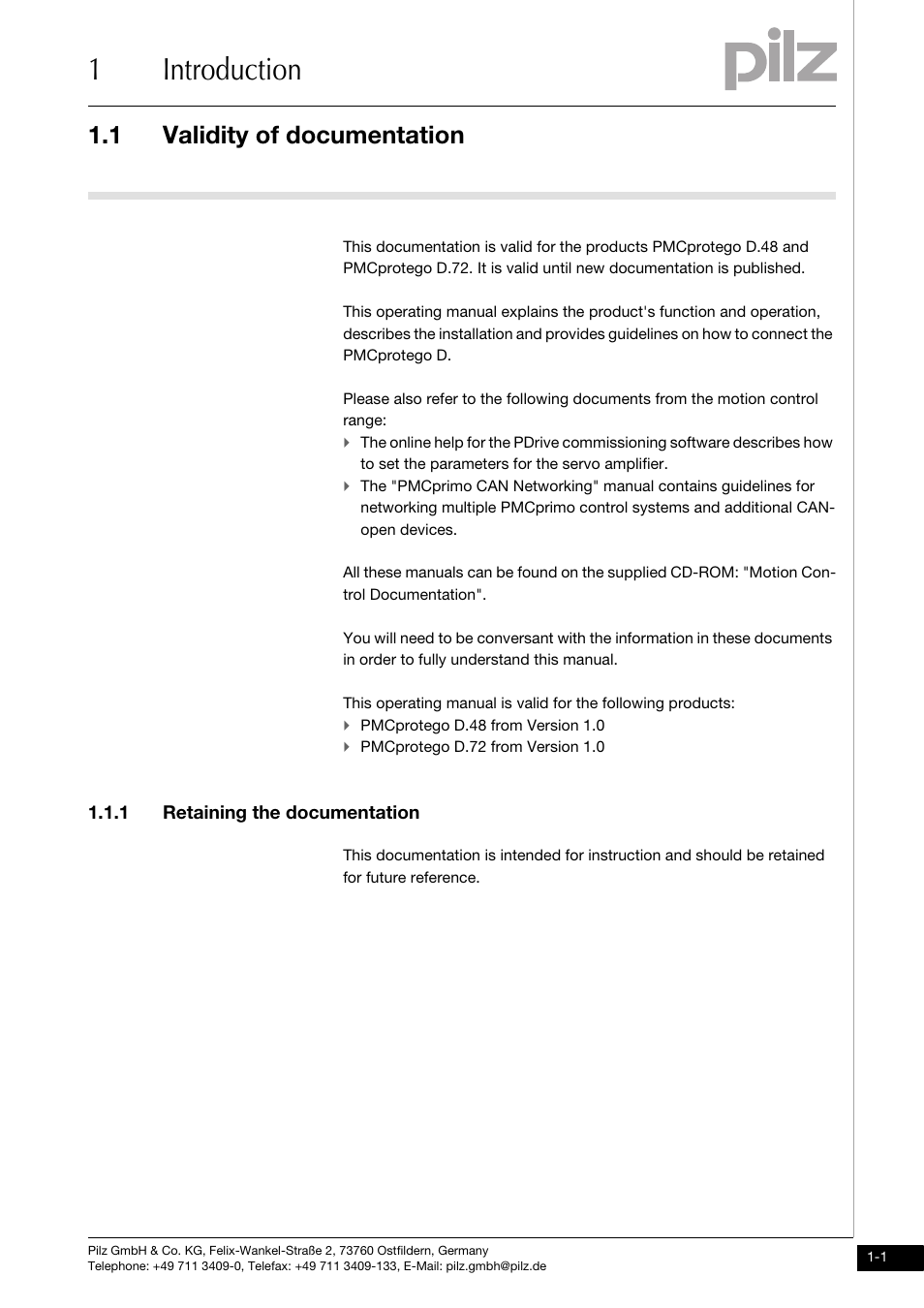 1 introduction, Validity of documentation, 1 retaining the documentation | 1introduction, 1 validity of documentation | Pilz PMCprotego D.72/000/0/0/2/208-480VAC User Manual | Page 9 / 209