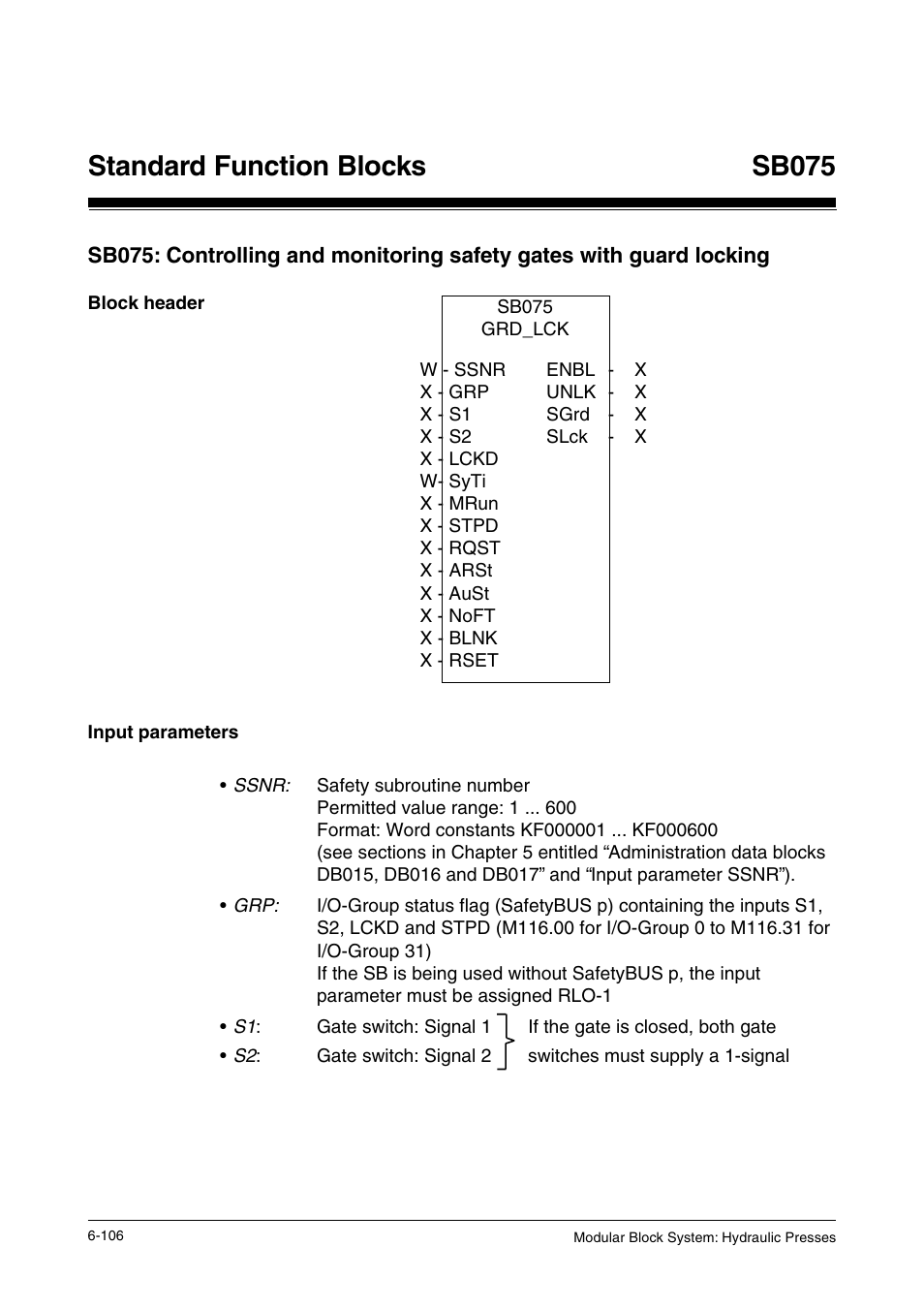 Block header, Input parameters, Standard function blocks | Sb075 | Pilz PSS SB HYD, Basic license User Manual | Page 168 / 308