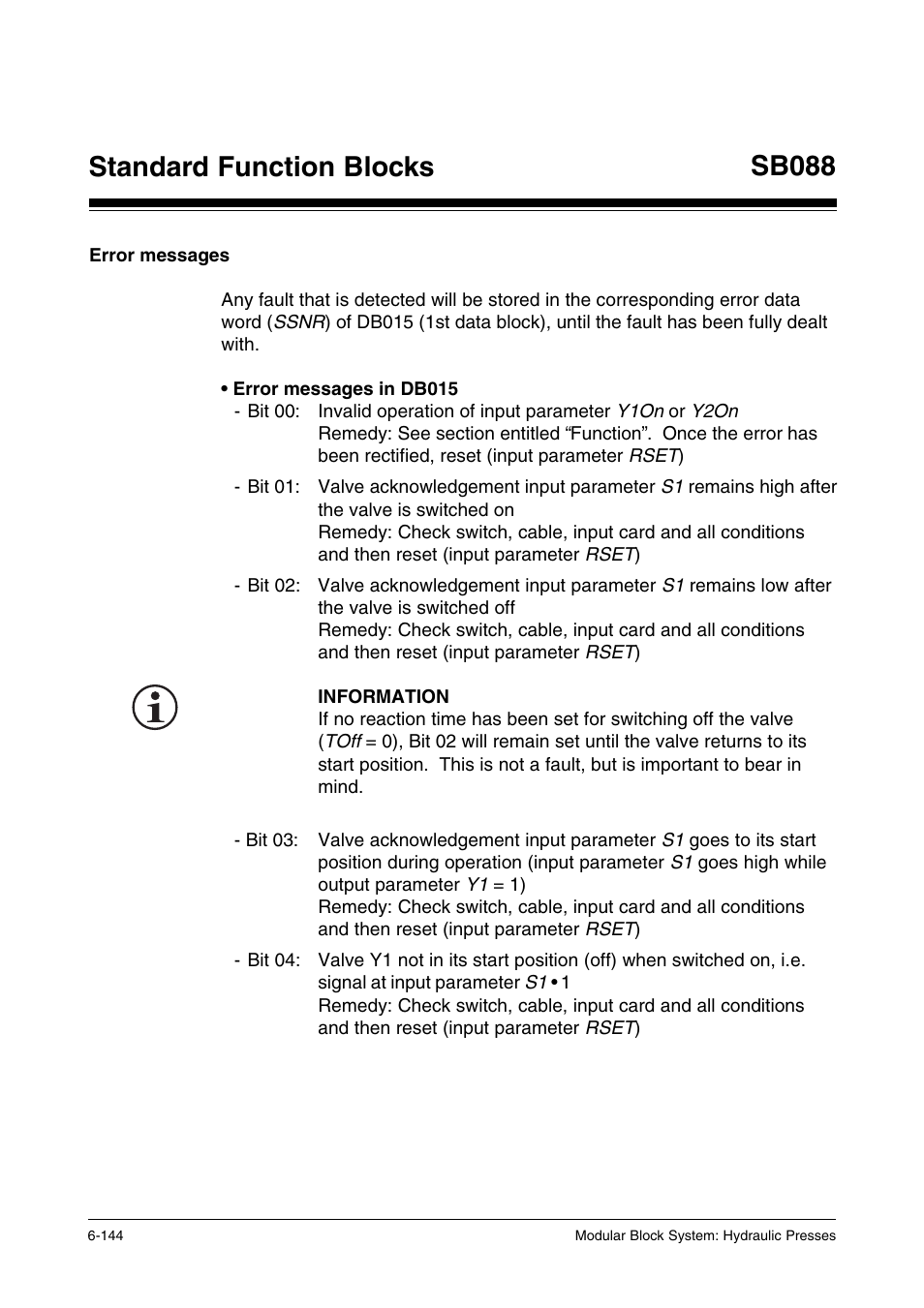 Error messages, Standard function blocks, Sb088 | Pilz PSS SB HYD, Basic license User Manual | Page 206 / 308