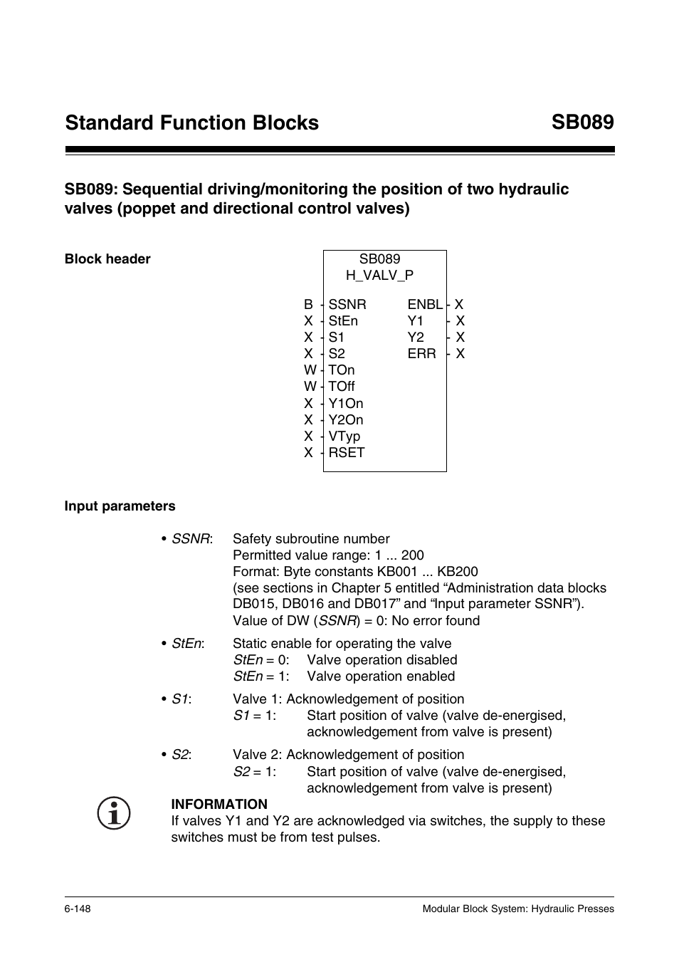 Block header, Input parameters, Standard function blocks | Sb089 | Pilz PSS SB HYD, Basic license User Manual | Page 210 / 308