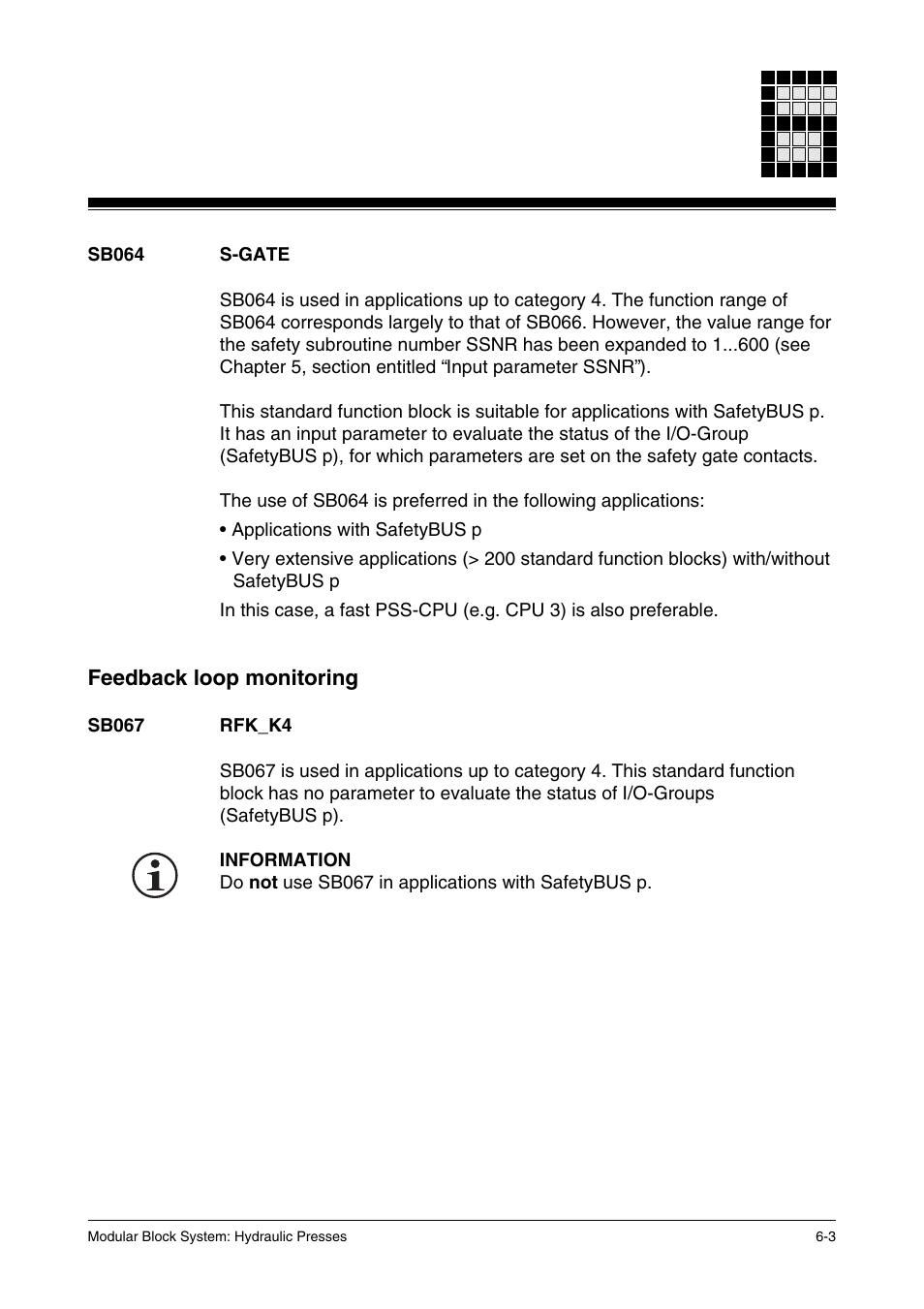 Sb064 s-gate, Feedback loop monitoring, Sb067 rfk-k4 | Pilz PSS SB HYD, Basic license User Manual | Page 65 / 308