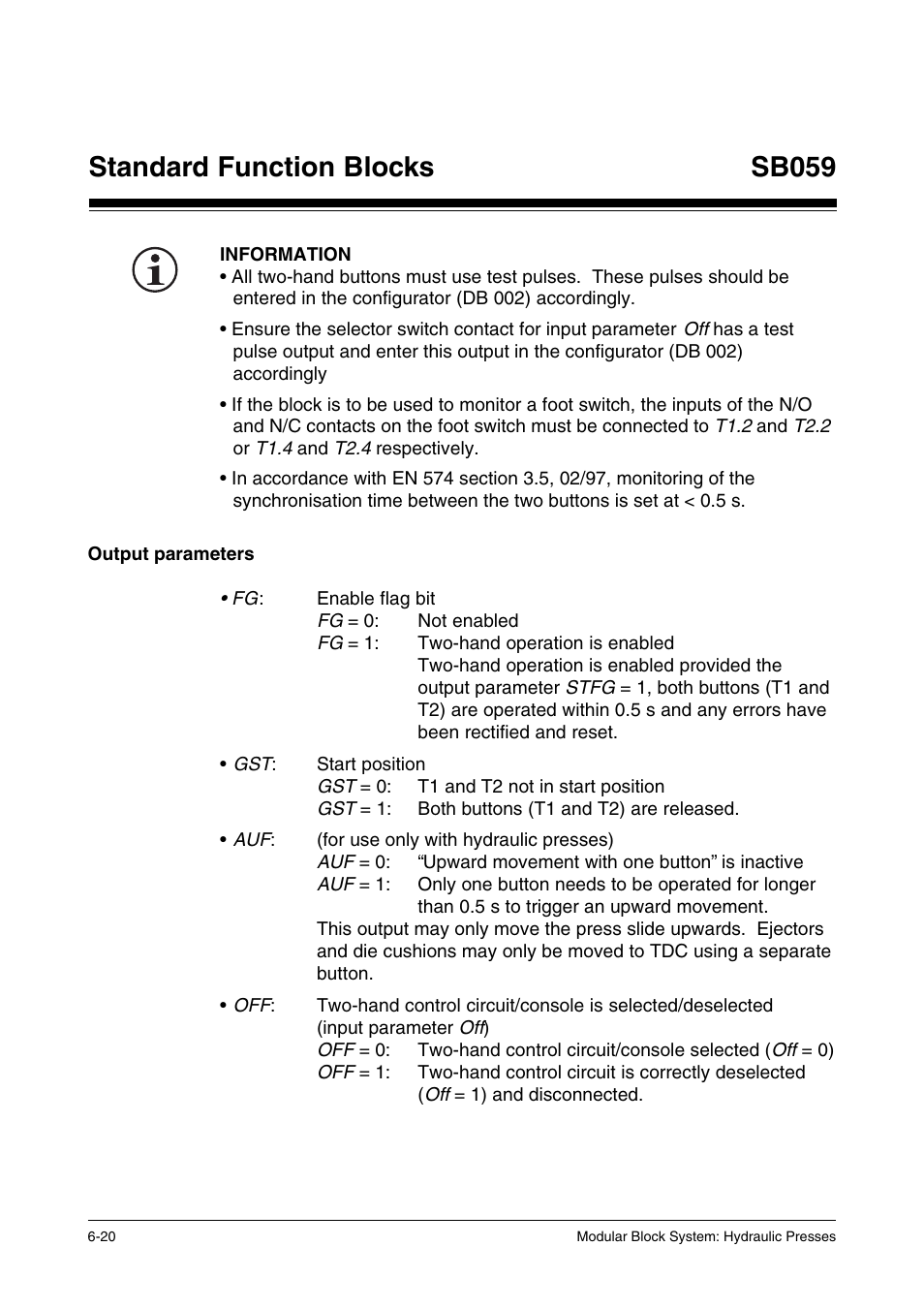 Output parameters, Standard function blocks sb059 | Pilz PSS SB HYD, Basic license User Manual | Page 82 / 308