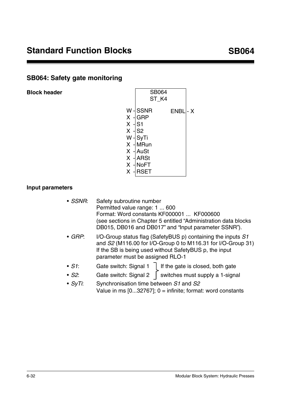 Sb064: safety gate monitoring, Block header, Input parameters | Standard function blocks sb064 | Pilz PSS SB HYD, Basic license User Manual | Page 94 / 308