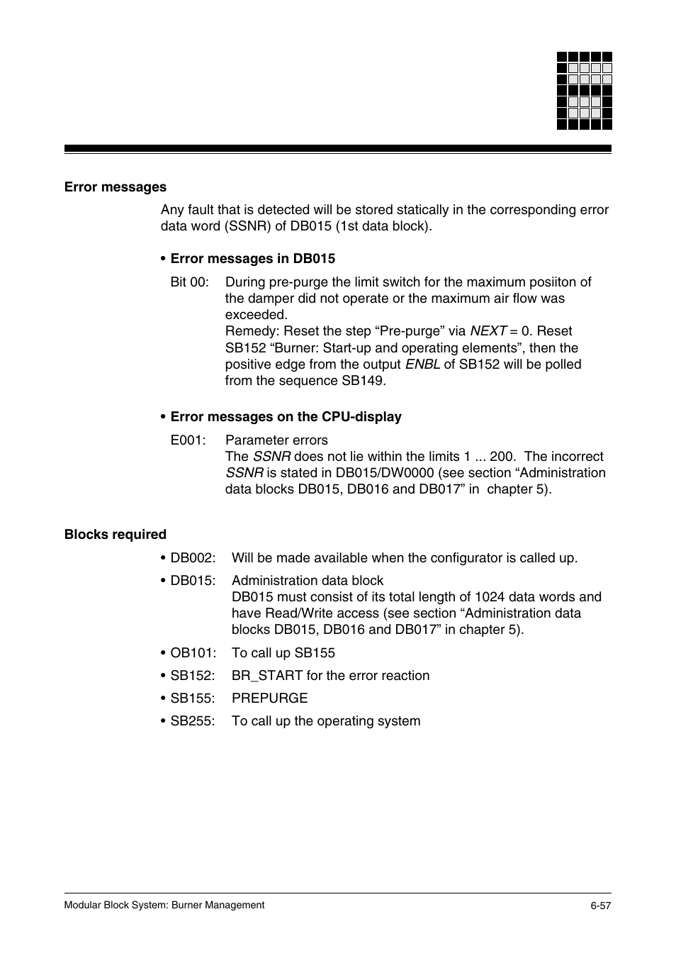 Error messages, Blocks required | Pilz PSS SB FT, Basic license User Manual | Page 101 / 191