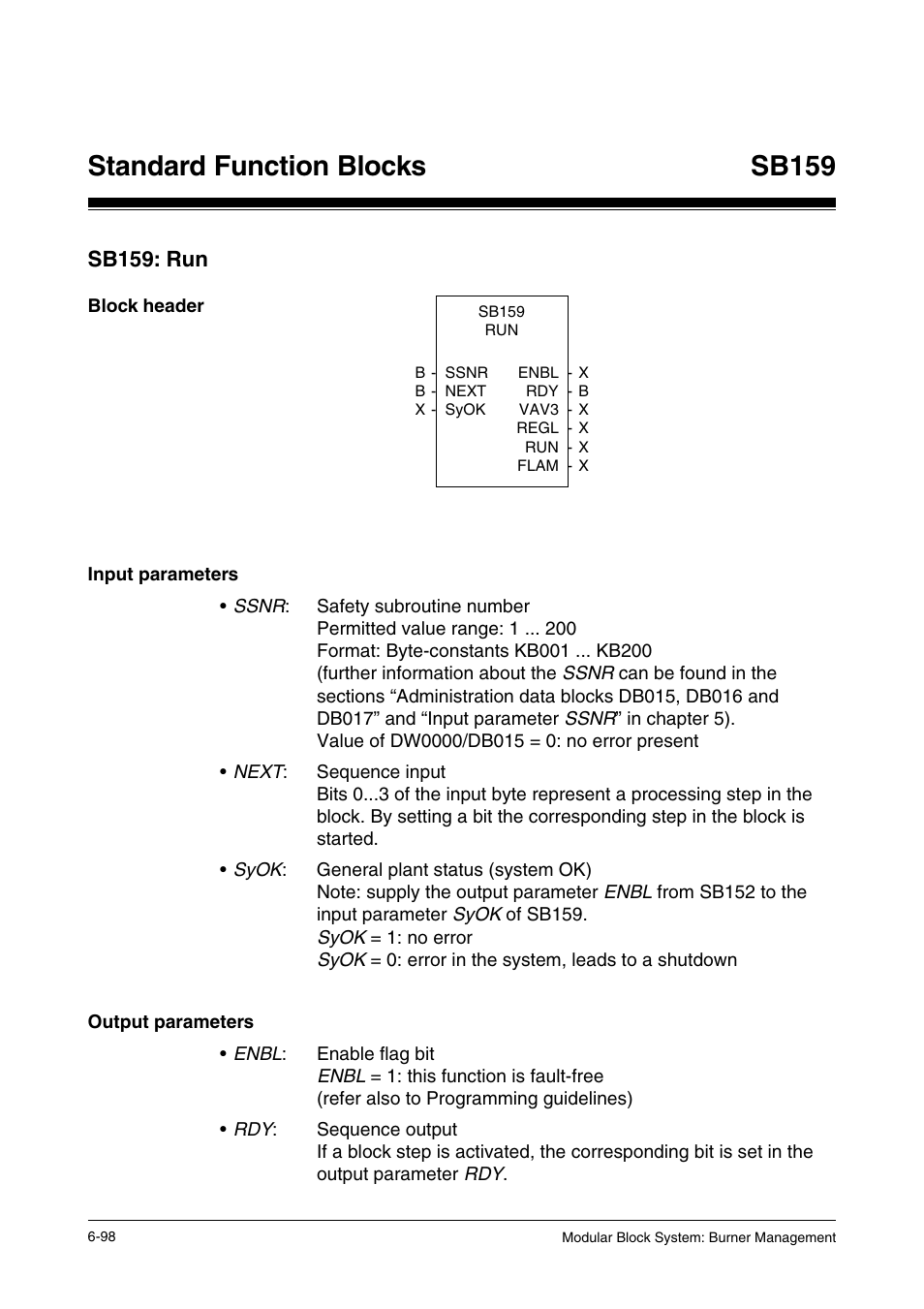 Sb159: run, Block header, Input parameters | Output parameters, Standard function blocks, Sb159 | Pilz PSS SB FT, Basic license User Manual | Page 142 / 191
