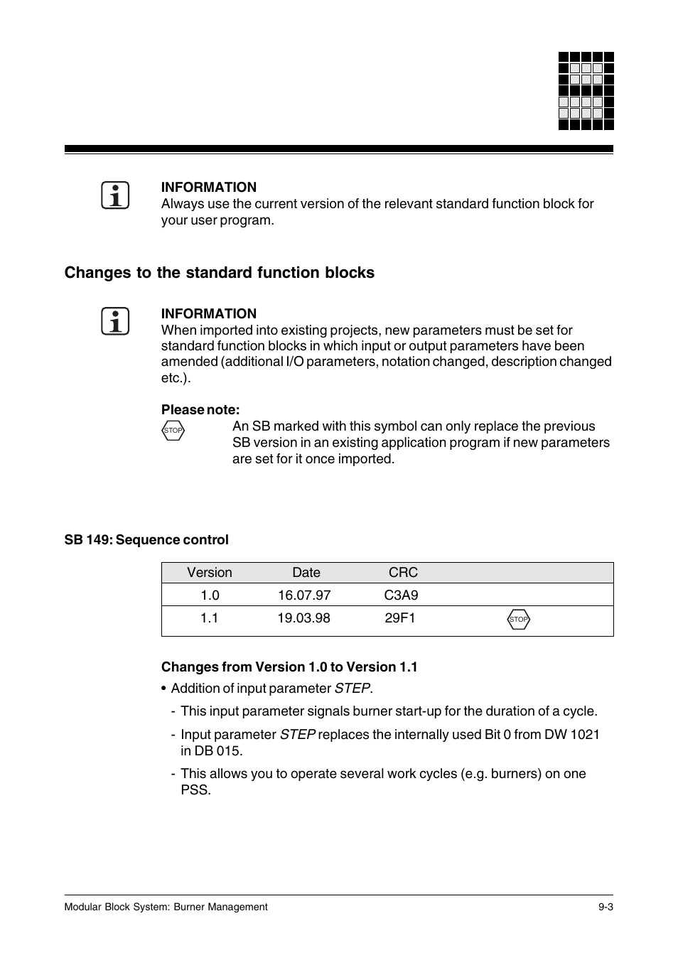 Changes to the standard function blocks, Sb 149: sequence control | Pilz PSS SB FT, Basic license User Manual | Page 185 / 191