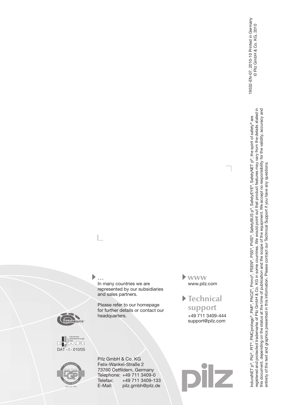 Contact address, Technical support | Pilz PSS SB FT, Basic license User Manual | Page 191 / 191