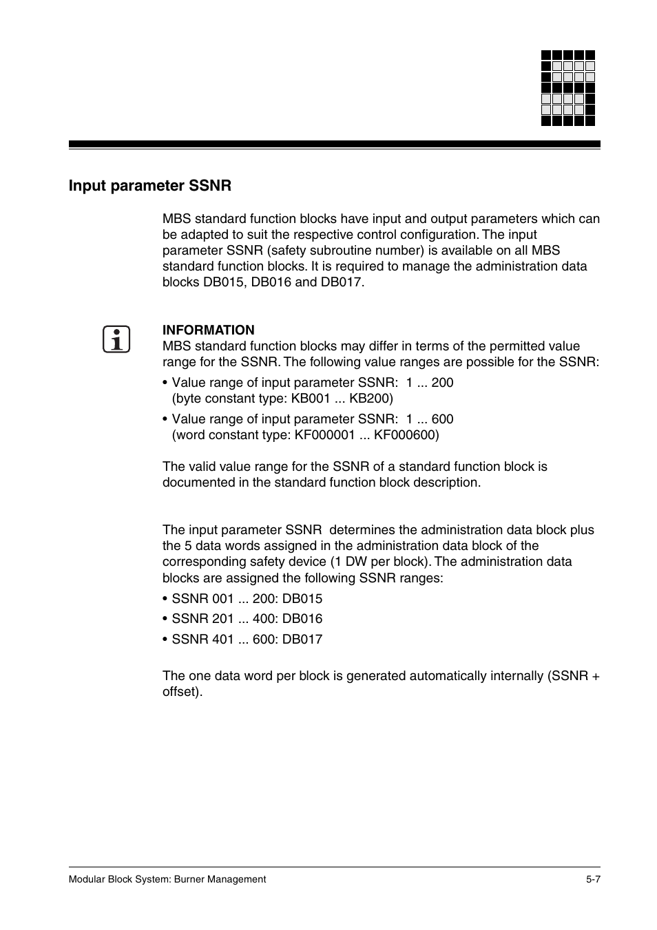 Input parameter ssnr | Pilz PSS SB FT, Basic license User Manual | Page 37 / 191
