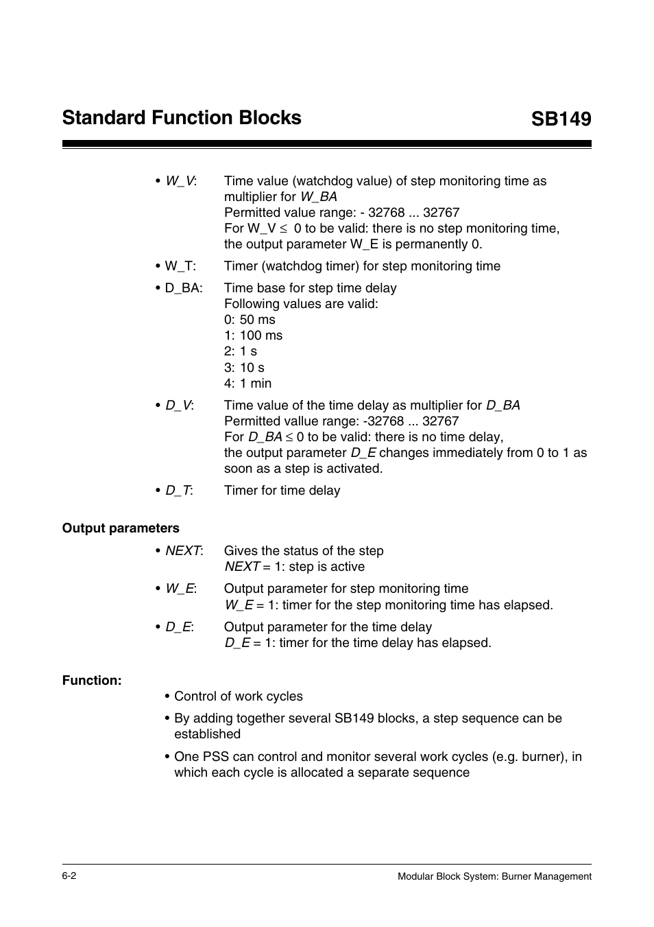 Output parameters, Function, Standard function blocks sb149 | Pilz PSS SB FT, Basic license User Manual | Page 46 / 191