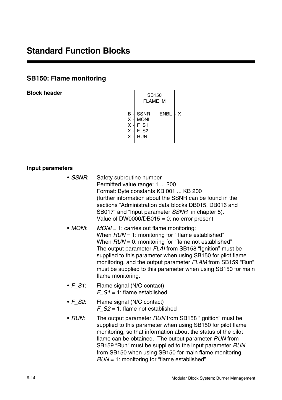 Sb150: flame monitoring, Block header, Input parameters | Standard function blocks | Pilz PSS SB FT, Basic license User Manual | Page 58 / 191