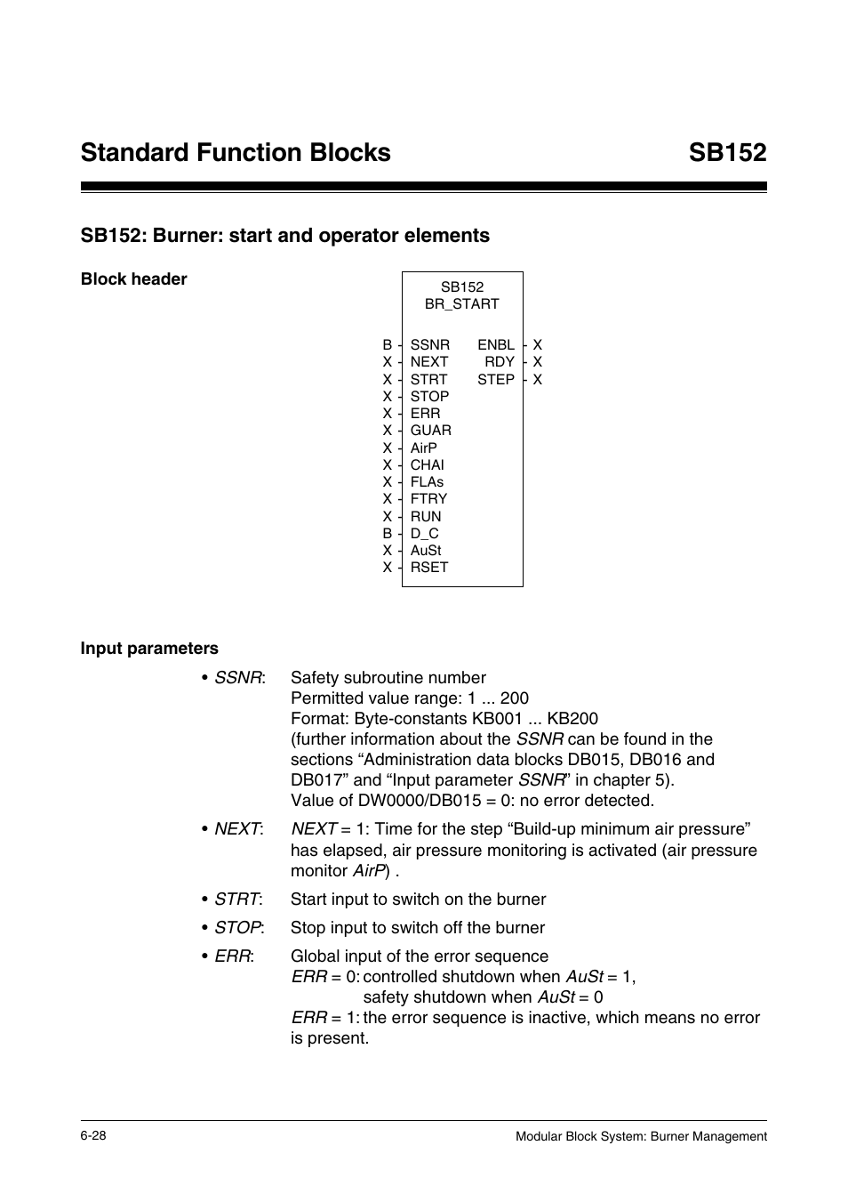 Sb152: burner: start and operator elements, Block header, Input parameters | Standard function blocks, Sb152 | Pilz PSS SB FT, Basic license User Manual | Page 72 / 191