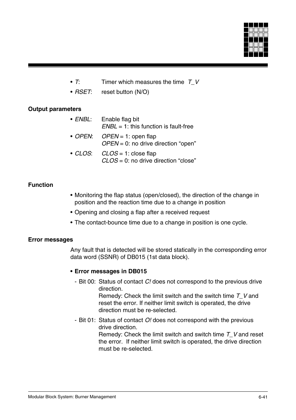 Output parameters, Function, Error messages | Pilz PSS SB FT, Basic license User Manual | Page 85 / 191