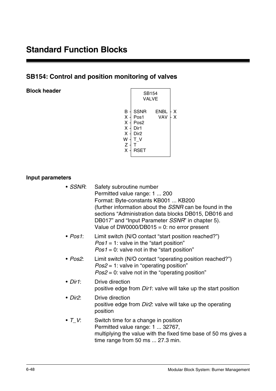 Sb154: control and position monitoring of valves, Block header, Input parameters | Standard function blocks | Pilz PSS SB FT, Basic license User Manual | Page 92 / 191
