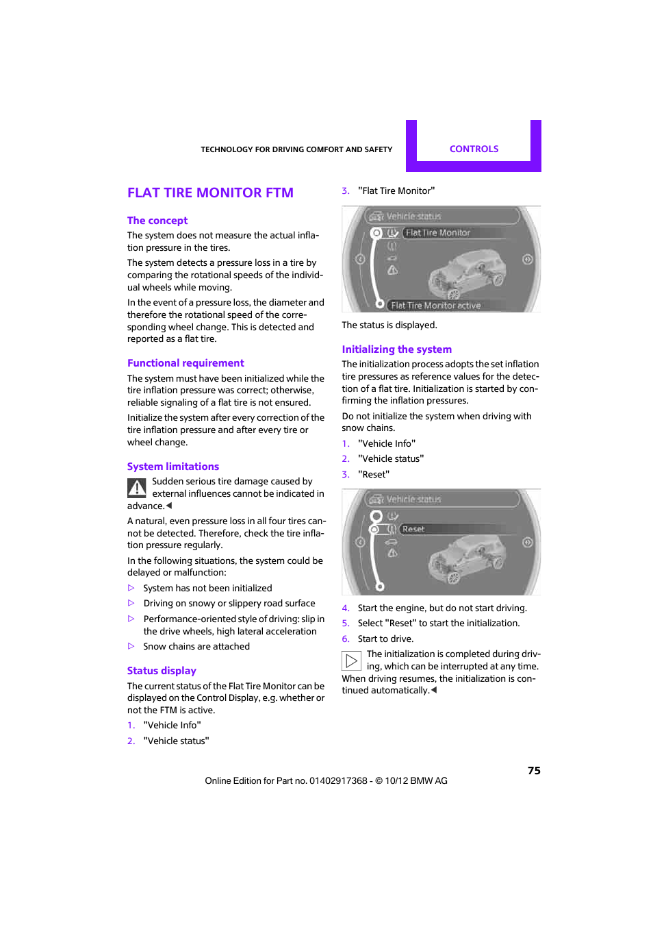 Flat tire monitor ftm | Mini 2013 Countryman User Manual | Page 76 / 275