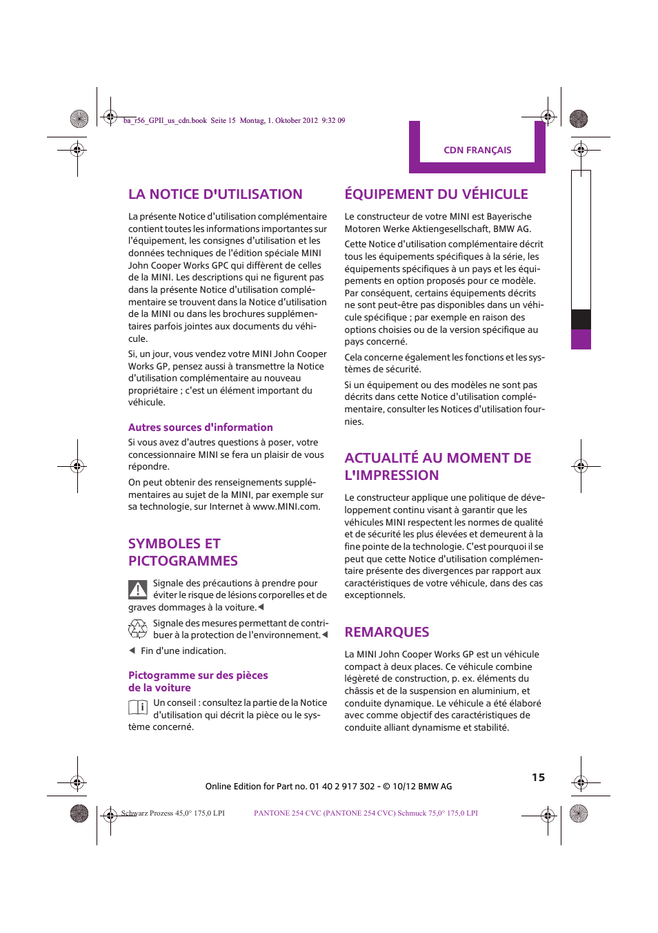 Cdn français, La notice d'utilisation, Symboles et pictogrammes | Mini 2013 John Cooper Works GP User Manual | Page 15 / 27
