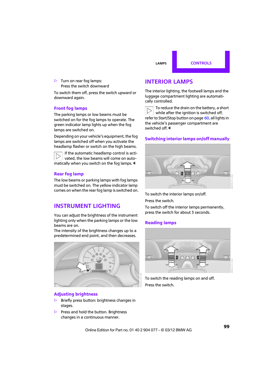 Instrument lighting, Interior lamps | Mini 2012 Coupe Roadster Convertible User Manual | Page 100 / 283