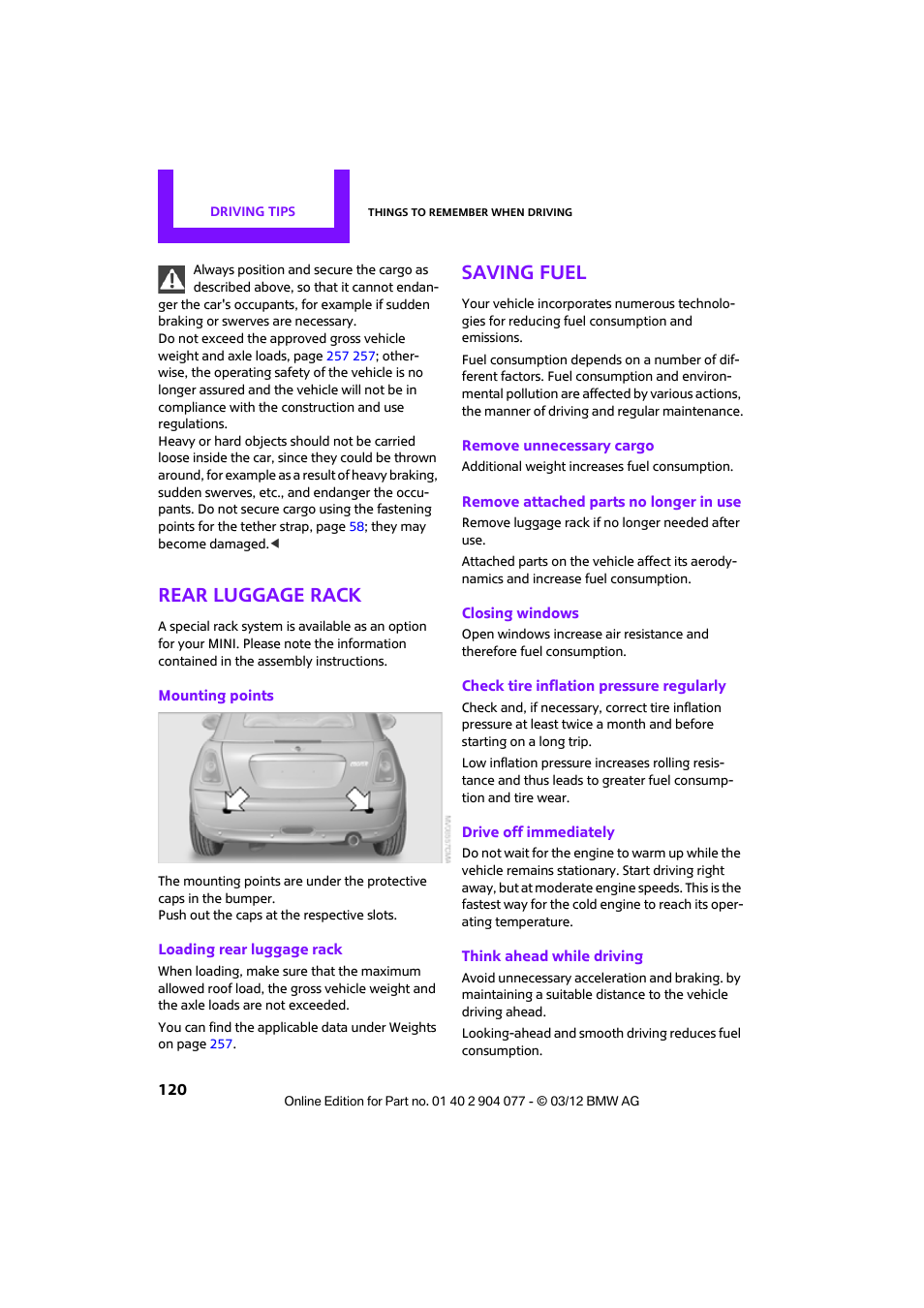 Rear luggage rack, Saving fuel | Mini 2012 Coupe Roadster Convertible User Manual | Page 121 / 283