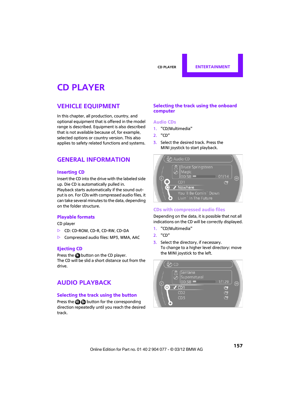 Cd player, Vehicle equipment, General information | Audio playback | Mini 2012 Coupe Roadster Convertible User Manual | Page 158 / 283