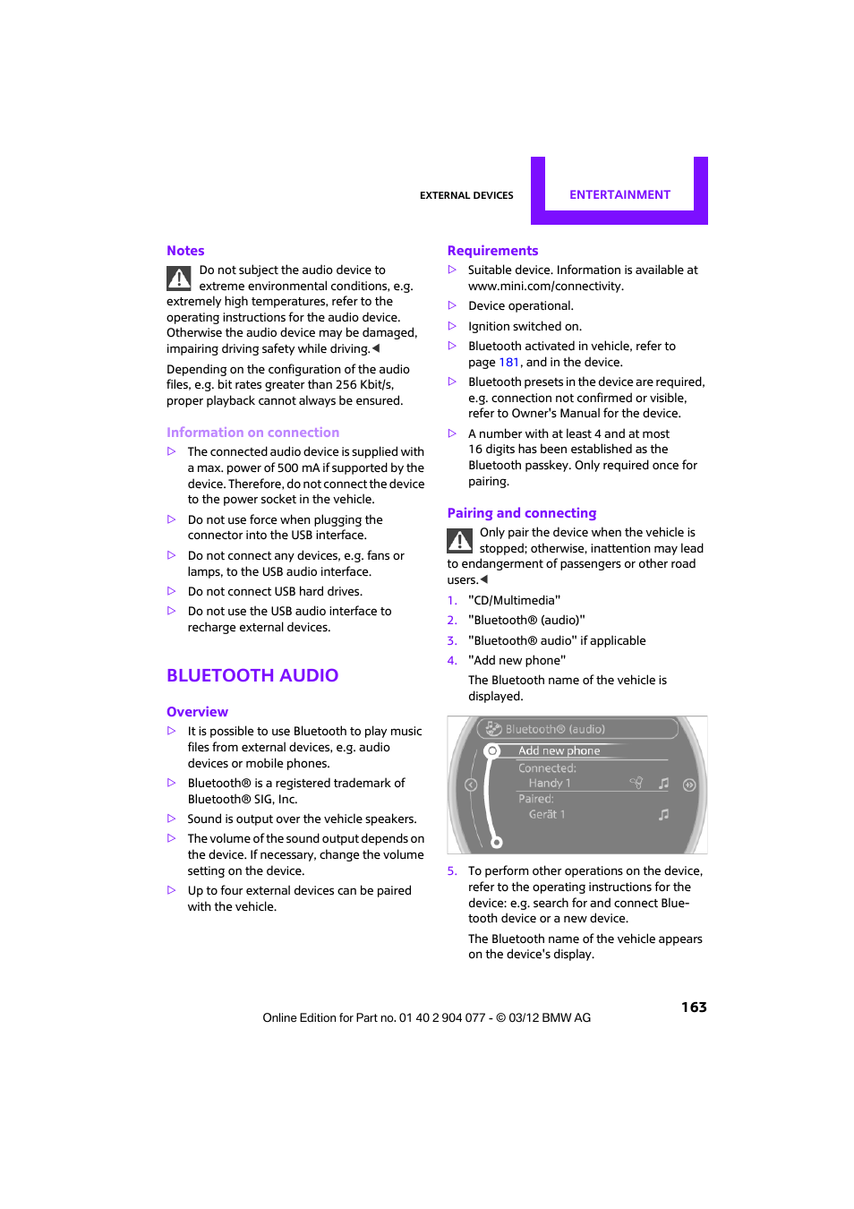 Bluetooth audio | Mini 2012 Coupe Roadster Convertible User Manual | Page 164 / 283