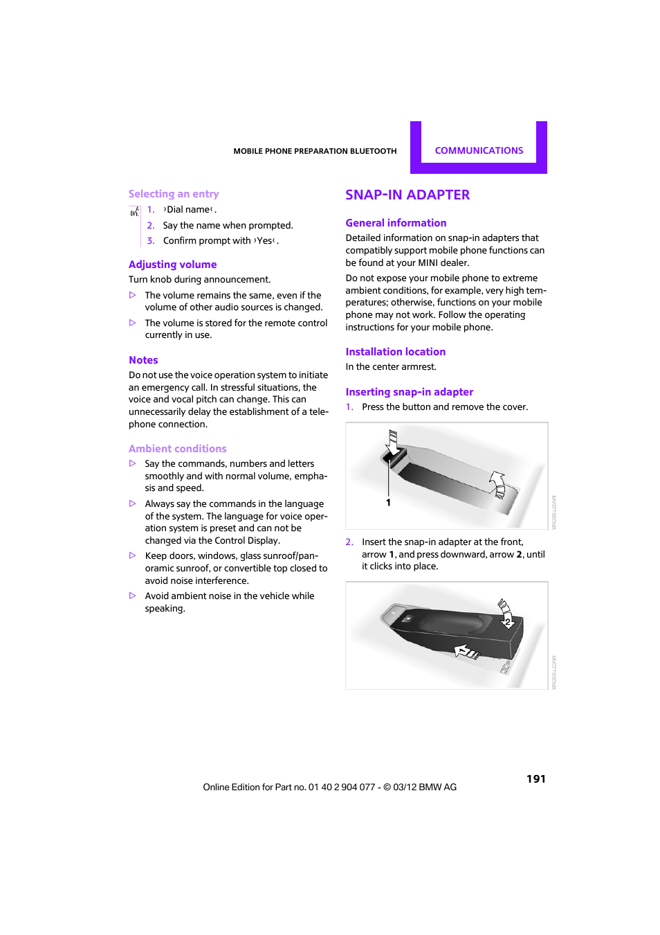 Snap-in adapter | Mini 2012 Coupe Roadster Convertible User Manual | Page 192 / 283