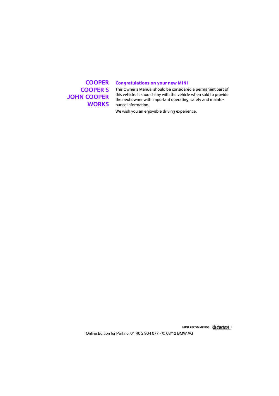 Mini 2012 Coupe Roadster Convertible User Manual | Page 2 / 283