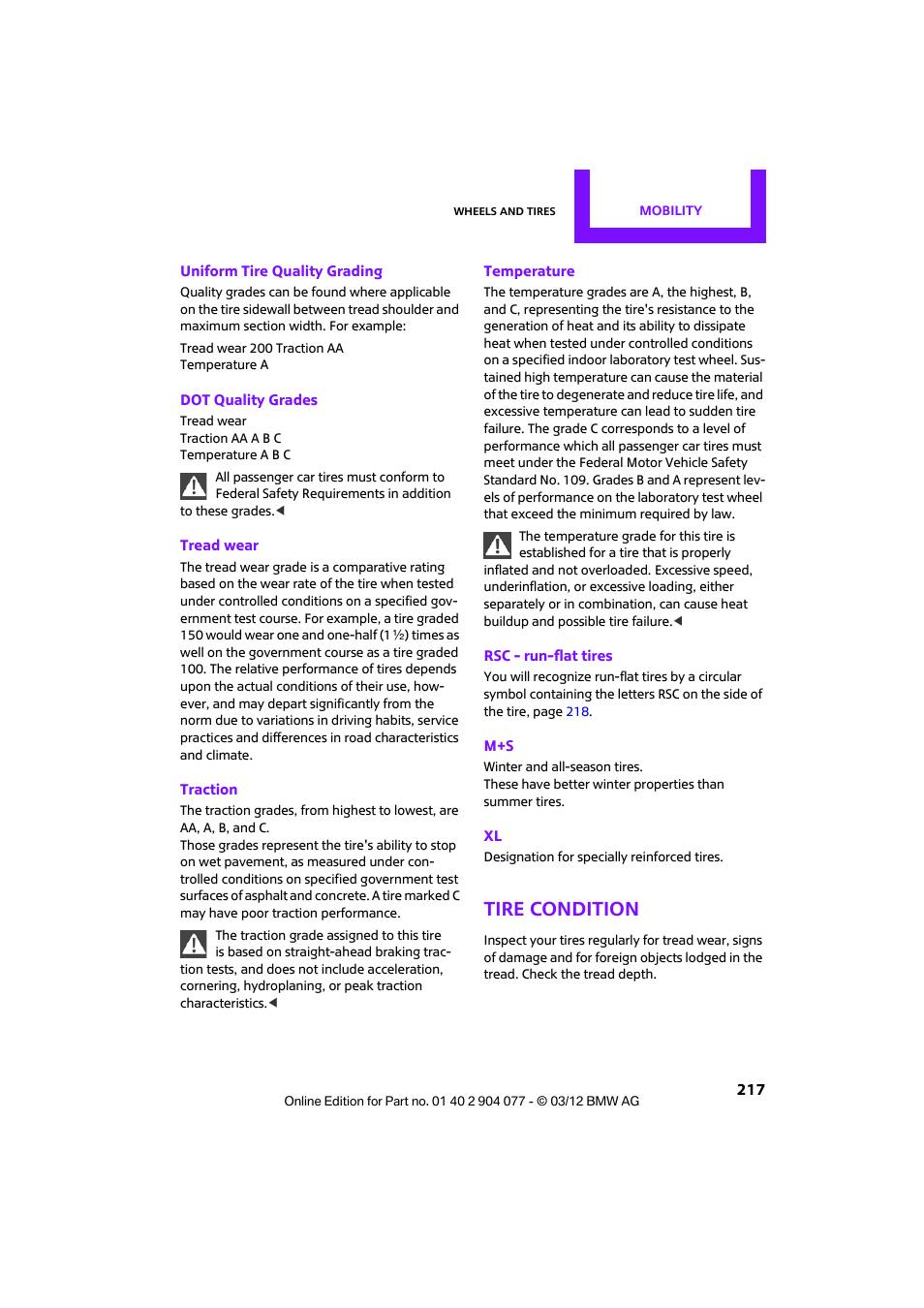 Tire condition | Mini 2012 Coupe Roadster Convertible User Manual | Page 218 / 283