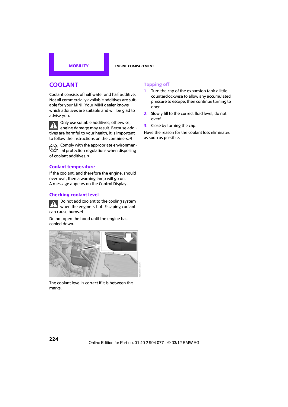 Coolant | Mini 2012 Coupe Roadster Convertible User Manual | Page 225 / 283