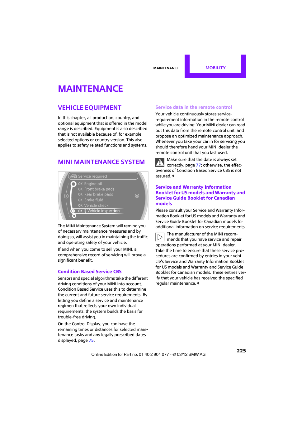 Maintenance, Vehicle equipment, Mini maintenance system | Service data in the remote control | Mini 2012 Coupe Roadster Convertible User Manual | Page 226 / 283