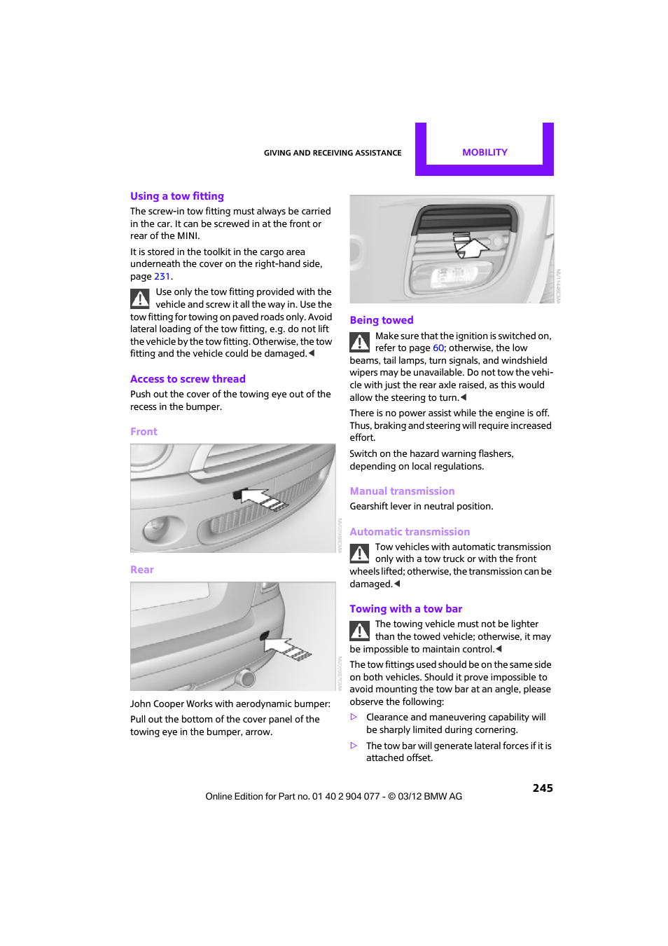 Mini 2012 Coupe Roadster Convertible User Manual | Page 246 / 283