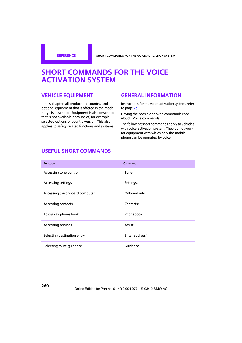 Short commands for the voice activation system, Vehicle equipment, General information | Useful short commands, Does n | Mini 2012 Coupe Roadster Convertible User Manual | Page 261 / 283