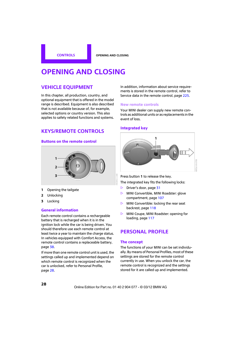 Opening and closing, Vehicle equipment, Keys/remote controls | Personal profile | Mini 2012 Coupe Roadster Convertible User Manual | Page 29 / 283