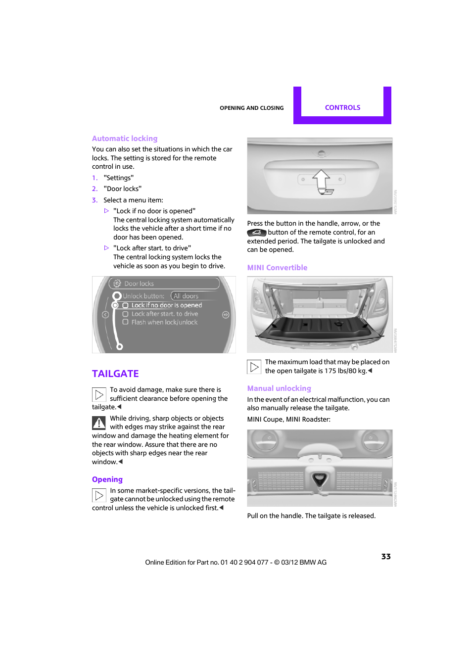 Tailgate | Mini 2012 Coupe Roadster Convertible User Manual | Page 34 / 283